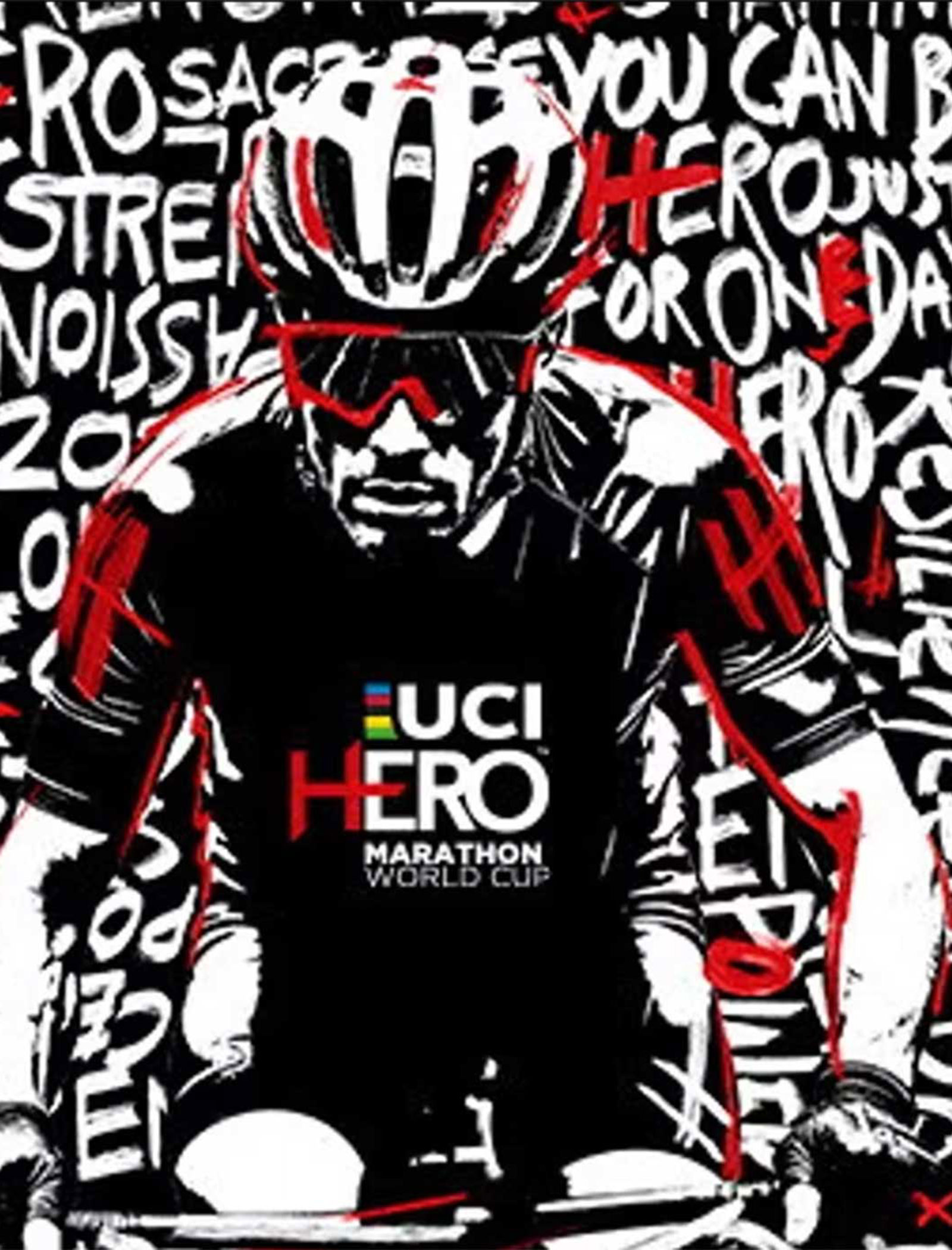 Illustration of a cyclist in sunglasses and helmet, UCI HERO MARATHON WORLD CUP text on jersey, graffiti background. - Wandergasthof Steinegger