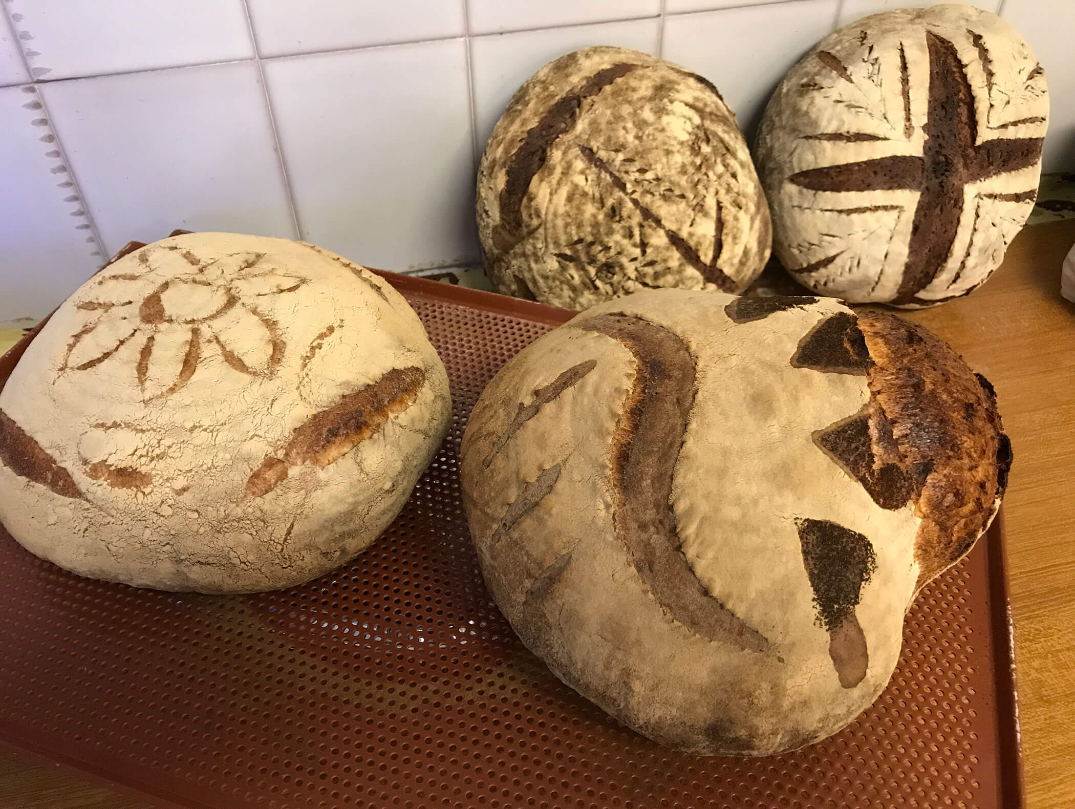 Quattro pagnotte di pane artigianale con motivi decorativi di farina in cima, appoggiate su una teglia marrone. - Wandergasthof Steinegger