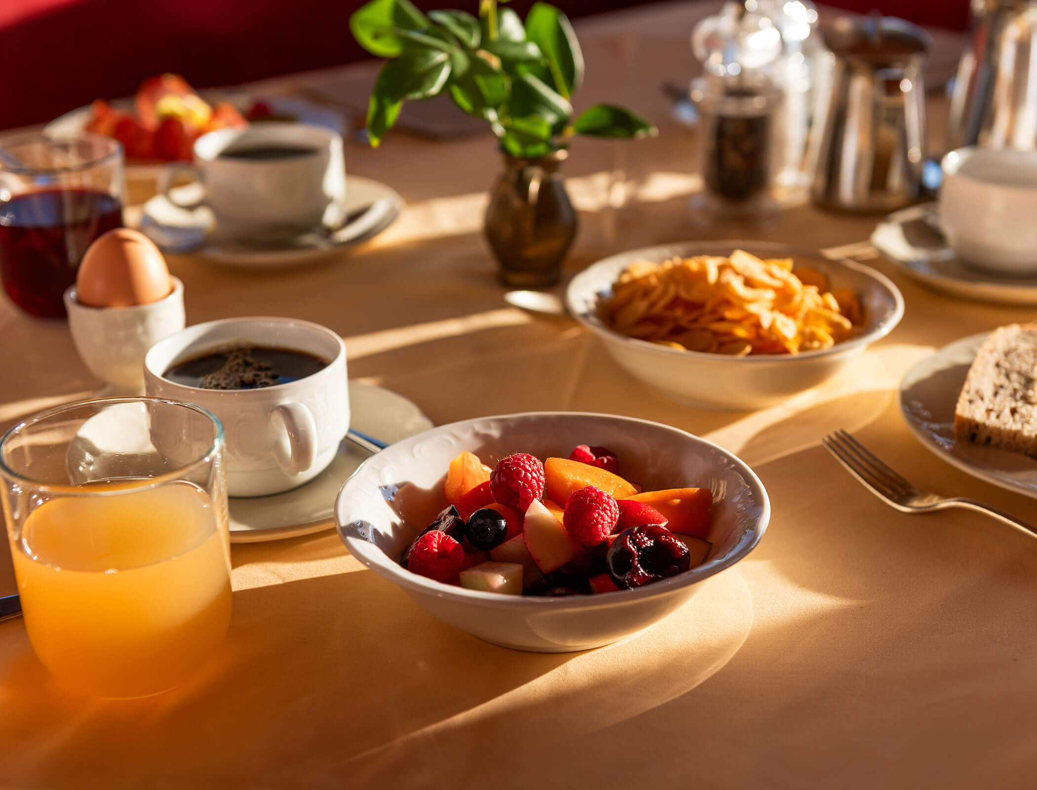 Tavolo della colazione con fruttiera, succo di frutta, caffè, uova, cereali, pane e una piccola pianta in vaso. - Wandergasthof Steinegger