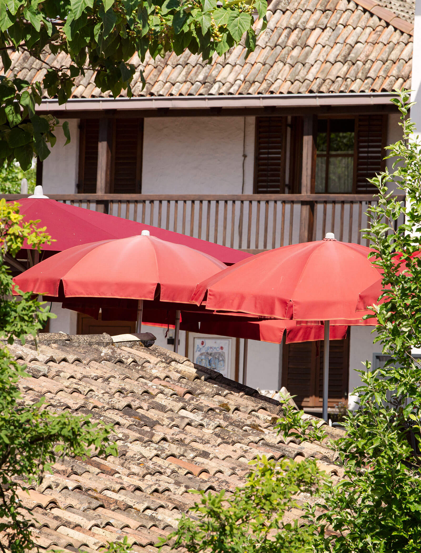 Three red patio umbrellas stand behind foliage, in front of a building with a tiled roof and wooden shutters. - Wandergasthof Steinegger