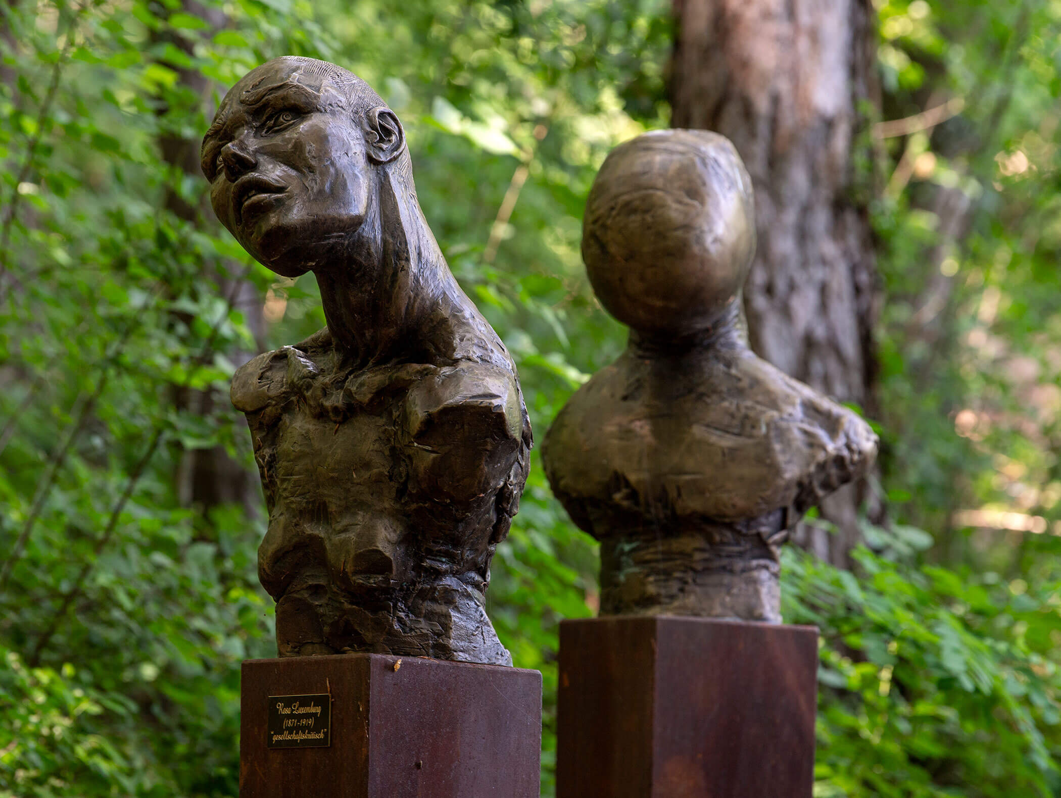 Two expressive bronze bust sculptures on wooden bases, set outdoors with green foliage in the background. - Wandergasthof Steinegger